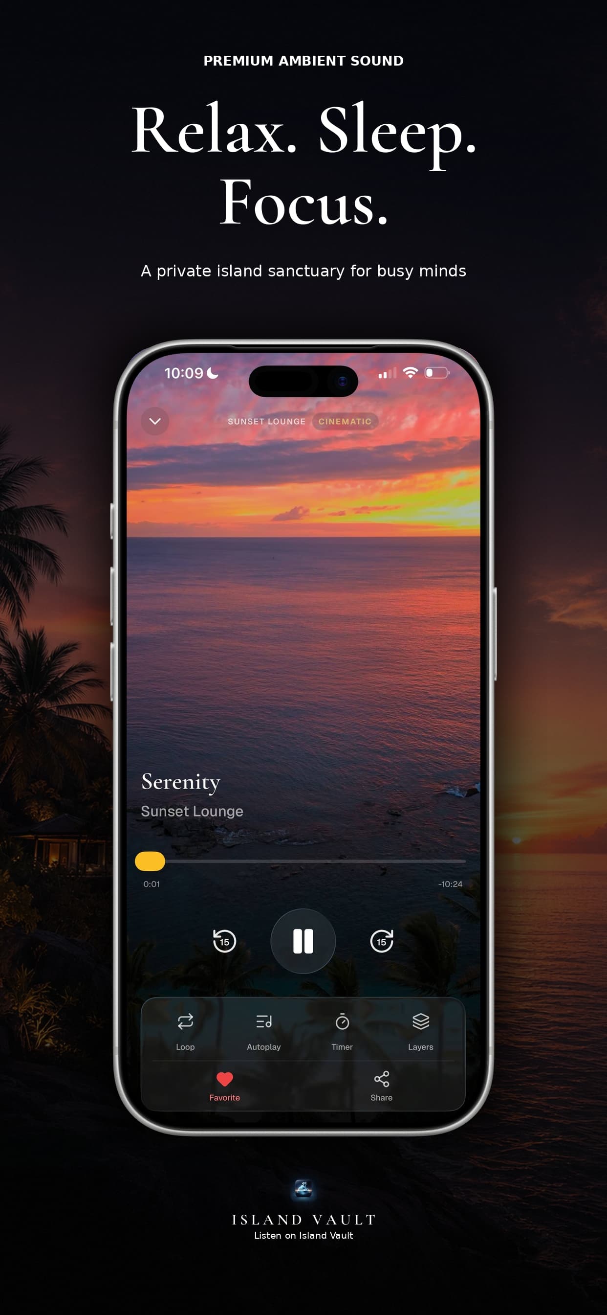 Island Vault App Store screenshot: Relax. Sleep. Focus.